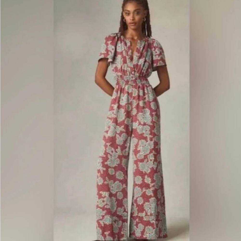 Anthropologie Floral Jumpsuit in Red and White